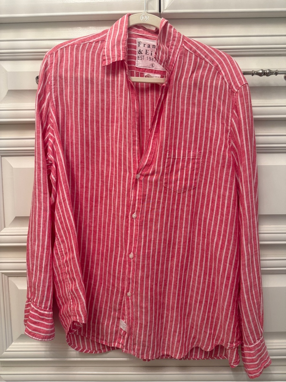 Frank & Eileen Pink and White Striped Linen Button-Up Blouse